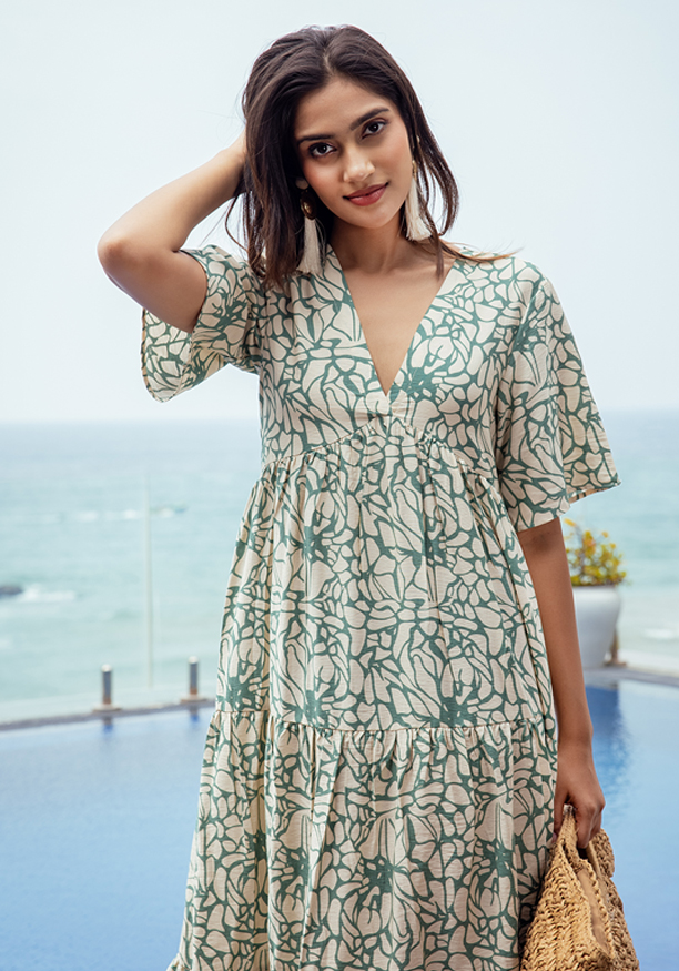 JENNY V NECK GREEN & WHITE DRESS